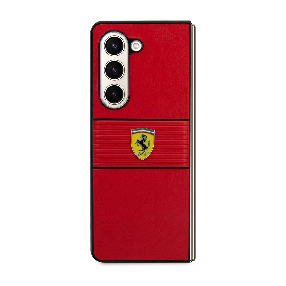 Galaxy Z Fold 5 Kılıf Ferrari Orjinal Lisanslı PU Deri Metal Logolu Multi Çizgili Kapak Siyah