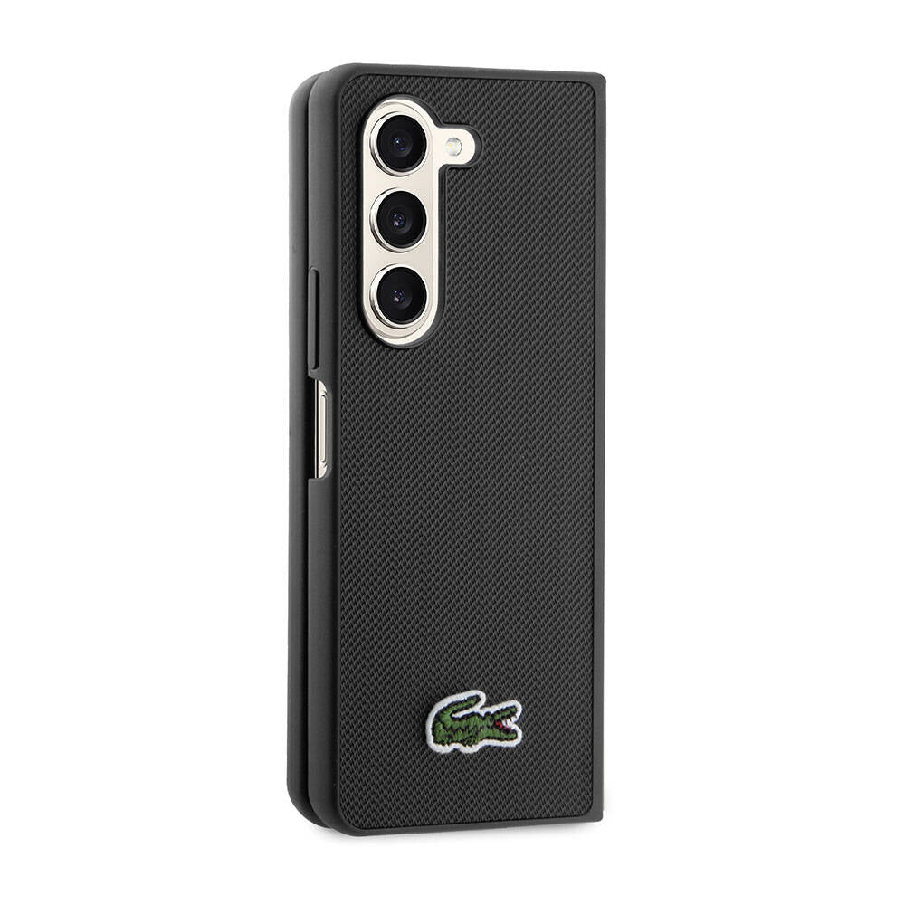 Galaxy Z Fold 5 Kılıf Lacoste Orjinal Lisanslı PU Pike Desenli Arka Yüzey İkonik Timsah Dokuma Logolu Kapak Siyah