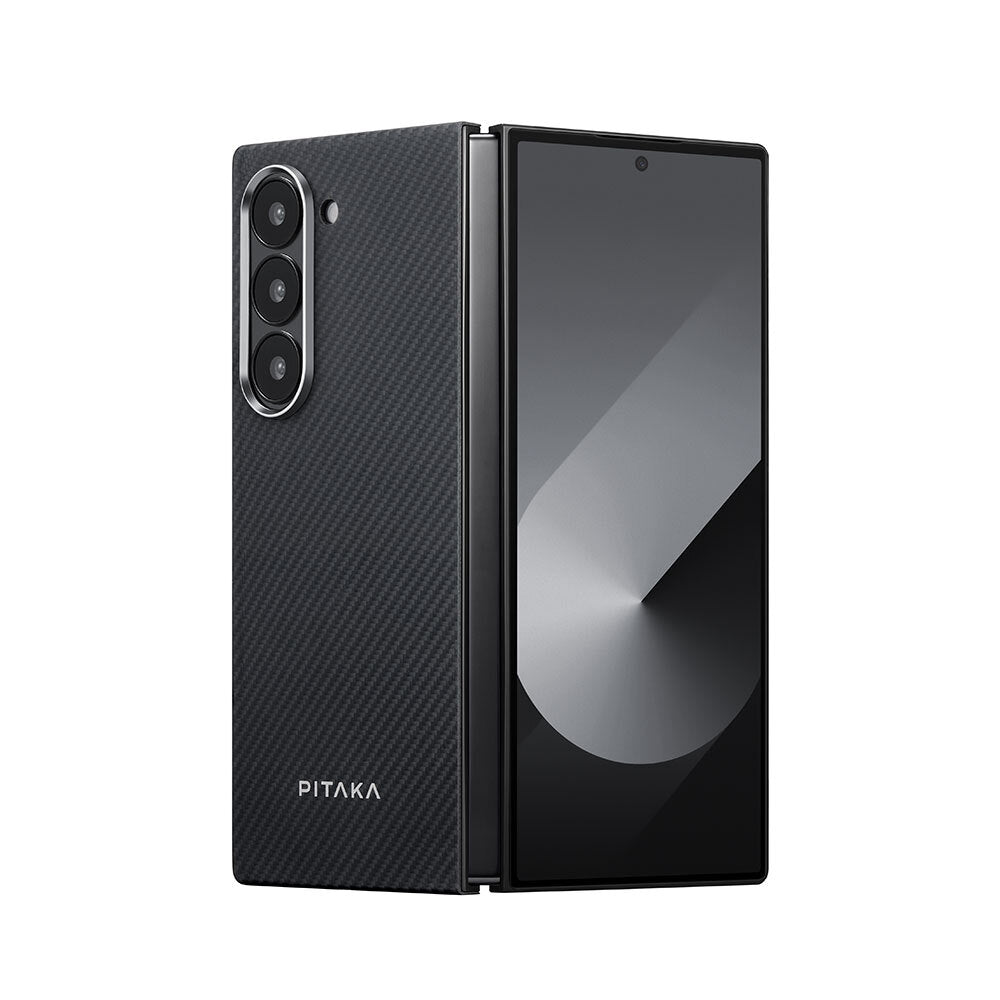 Galaxy Z Fold 6 Kılıf Magsafe Şarj Özellikli 600D Aramid Fiber Pitaka Ultra-Slim Classic Serisi Black-Grey Twill Kapak Siyah-Gri