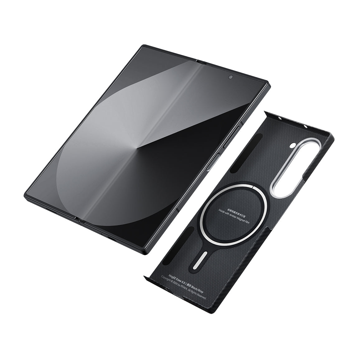 Galaxy Z Fold 6 Kılıf Magsafe Şarj Özellikli 600D Aramid Fiber Pitaka Ultra-Slim Classic Serisi Black-Grey Twill Kapak Siyah-Gri