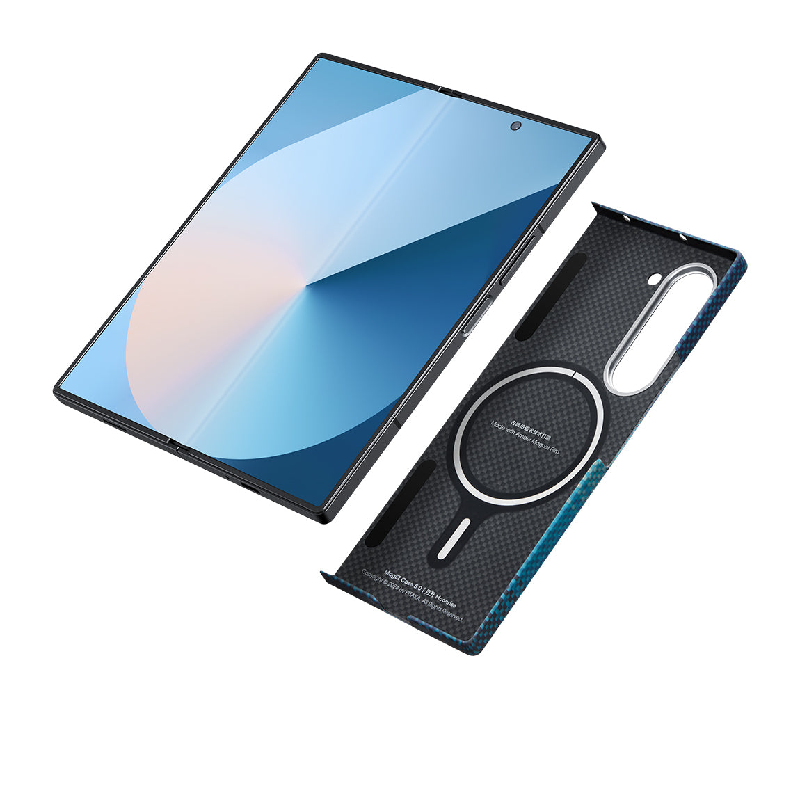 Galaxy Z Fold 6 Kılıf Magsafe Şarj Özellikli Aramid Fiber Pitaka Tactile Woven Sunset-Moonrise Serisi Moonrise Kapak Mavi