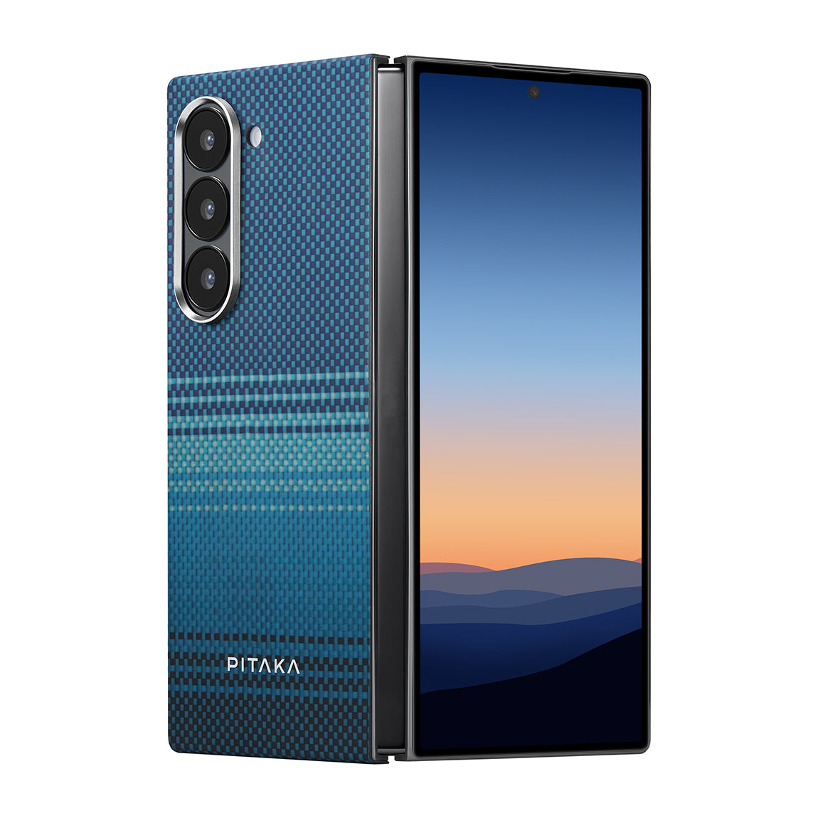 Galaxy Z Fold 6 Kılıf Magsafe Şarj Özellikli Aramid Fiber Pitaka Tactile Woven Sunset-Moonrise Serisi Moonrise Kapak Mavi