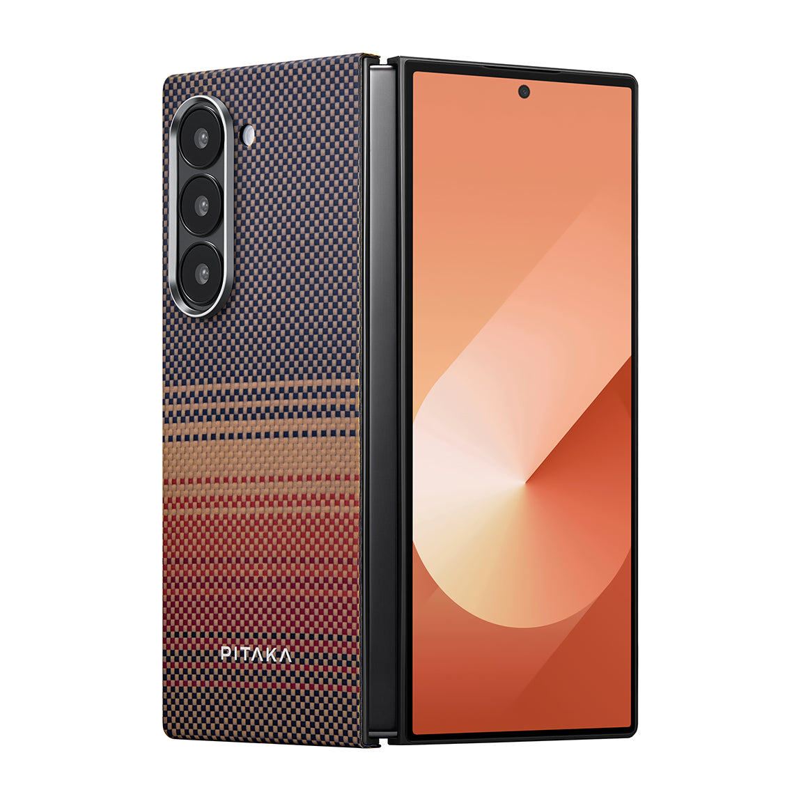 Galaxy Z Fold 6 Kılıf Magsafe Şarj Özellikli Aramid Fiber Pitaka Tactile Woven Sunset-Moonrise Serisi Sunset Kapak Kahverengi