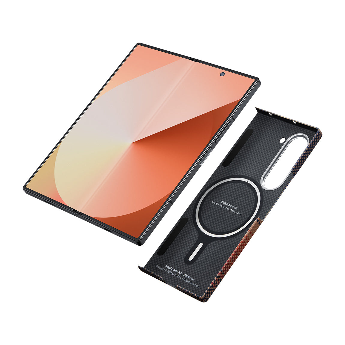 Galaxy Z Fold 6 Kılıf Magsafe Şarj Özellikli Aramid Fiber Pitaka Tactile Woven Sunset-Moonrise Serisi Sunset Kapak Kahverengi