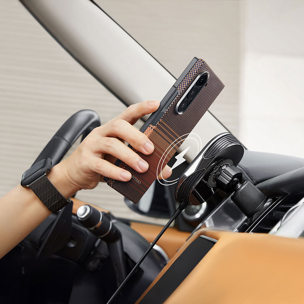 Galaxy Z Fold 6 Kılıf Magsafe Şarj Özellikli Aramid Fiber Pitaka Tactile Woven Sunset-Moonrise Serisi Sunset Kapak Kahverengi