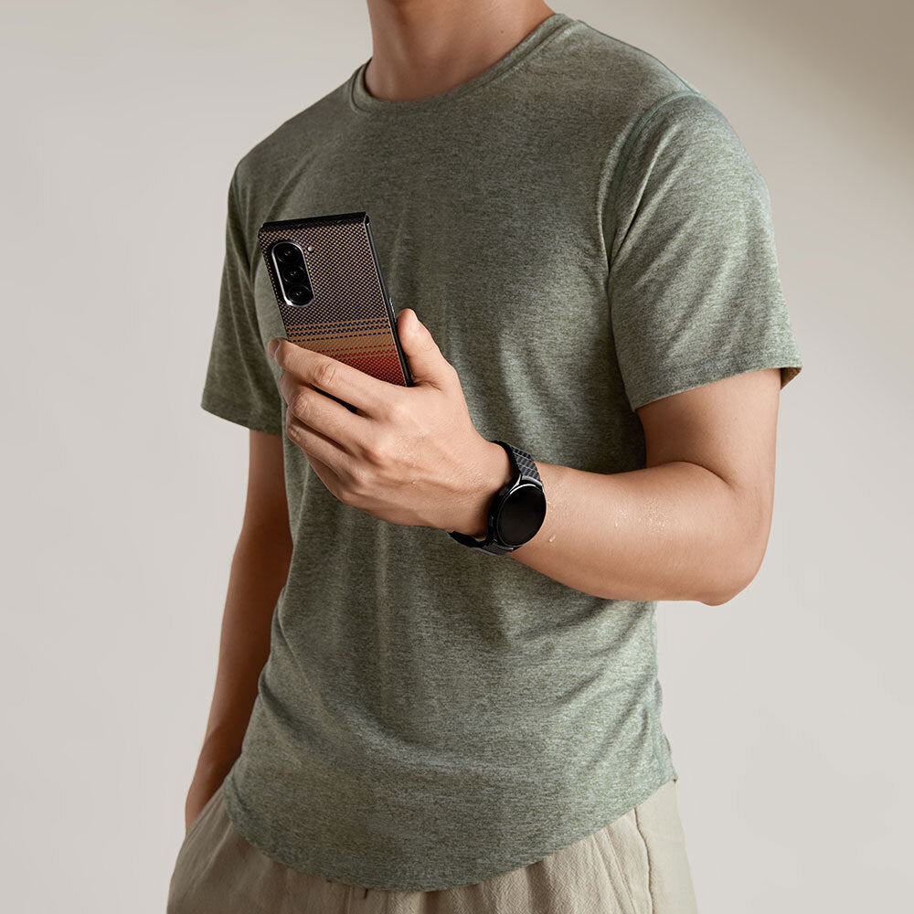 Galaxy Z Fold 6 Kılıf Magsafe Şarj Özellikli Aramid Fiber Pitaka Tactile Woven Sunset-Moonrise Serisi Sunset Kapak Kahverengi