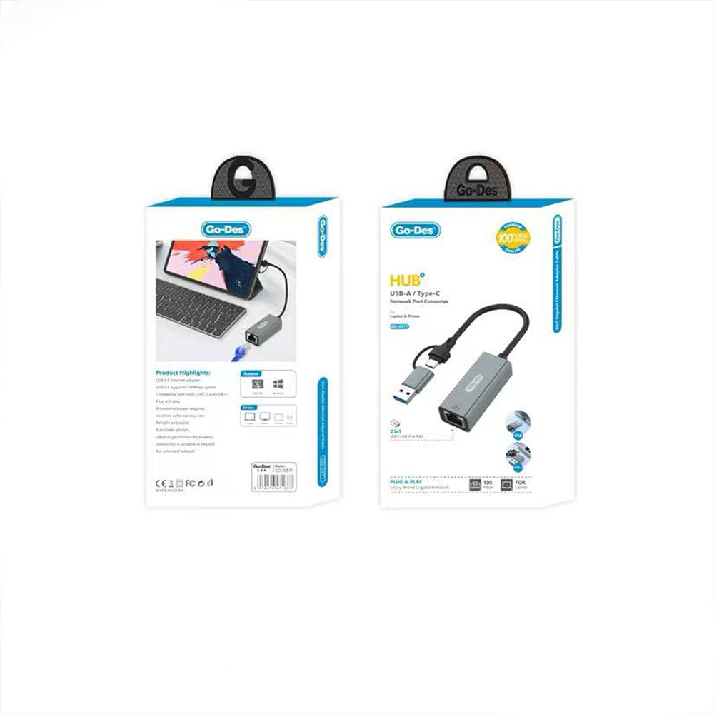 Go Des GD-6871 RJ45 Type-C ve USB-A Ethernet Dönüştürücü Kablo 100Mbps Gri