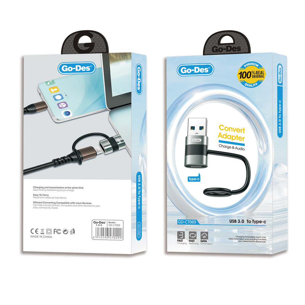 Go-Des GD-CT069  USB 3.0 to Type-C Data Ve Hızlı Şarj Adaptörü Siyah