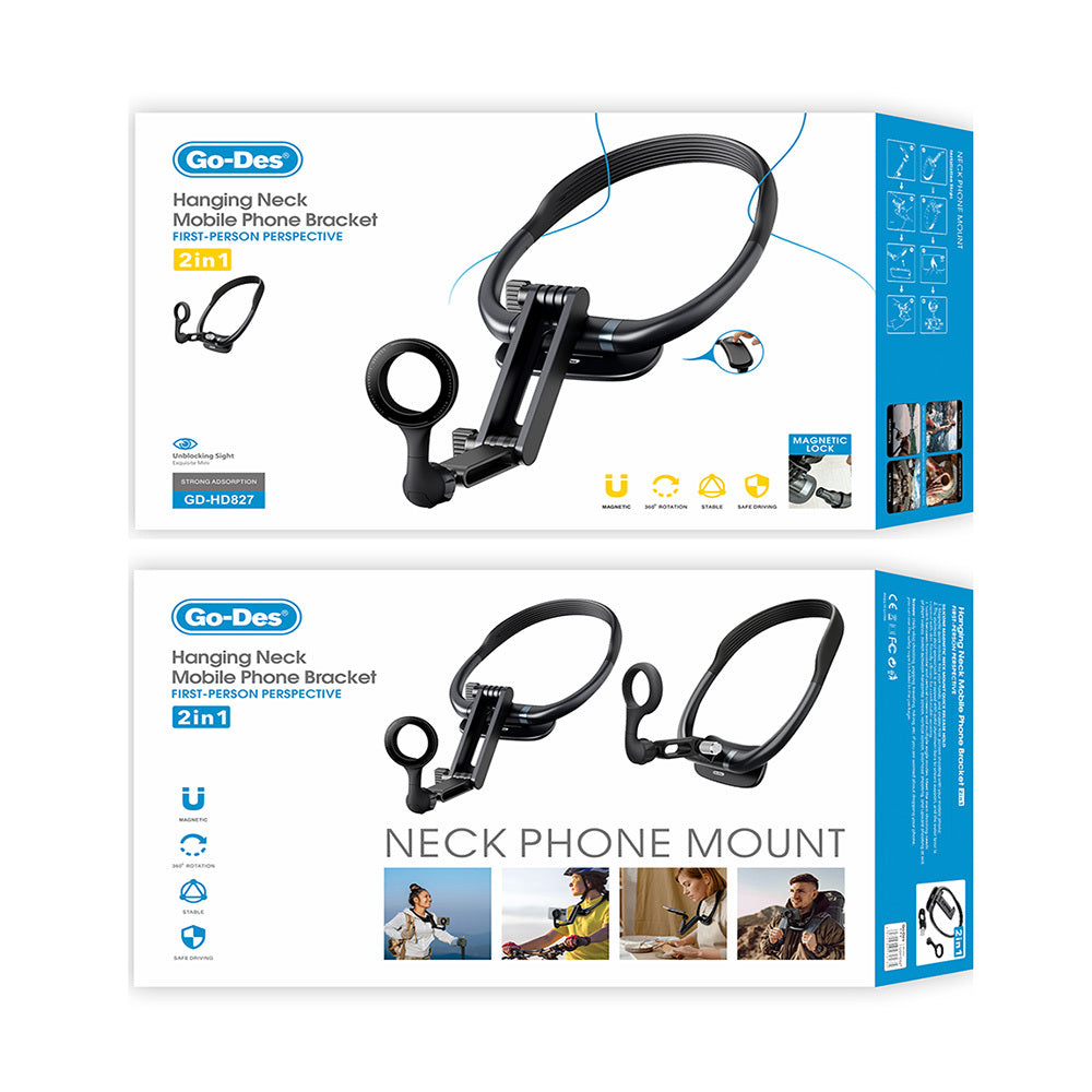 Go-Des GD-HD827 2in1 Eller Serbest Magnetik Boyun Askılı Telefon Tutucu Siyah