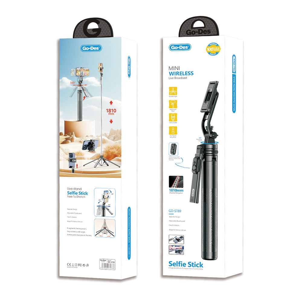 Go-Des GD-ST89 Kumandalı Selfi Çubuğu ve Tripod 360 Derece Dönebilen Max 181 cm Siyah