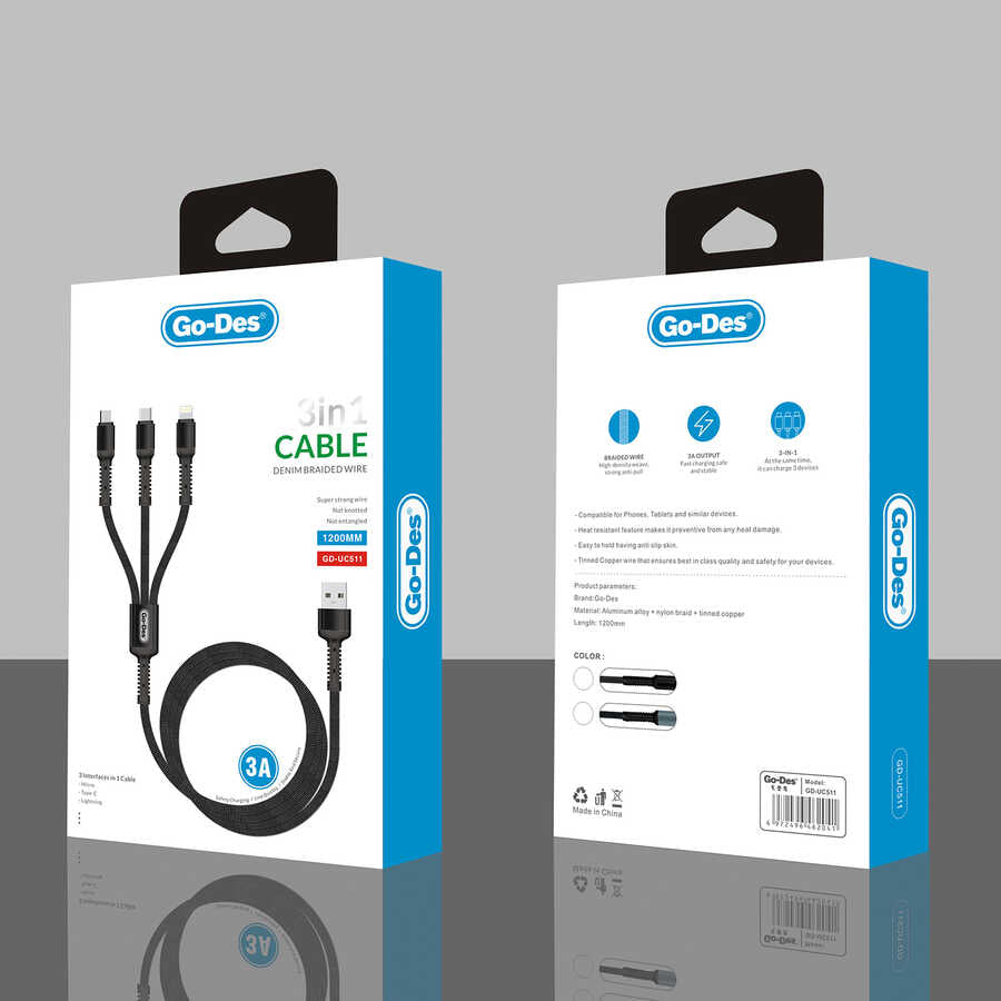Go Des GD-UC511 3 in 1 Usb Kablo Siyah