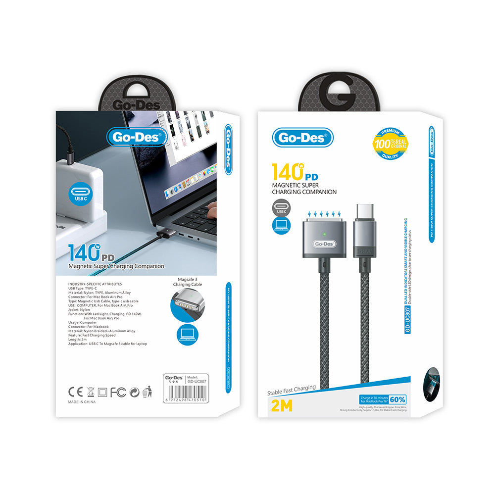 Go-Des GD-UC807 Type-C - MagSafe 3 Macbook Şarj Kablosu 140W 2 Metre Gri