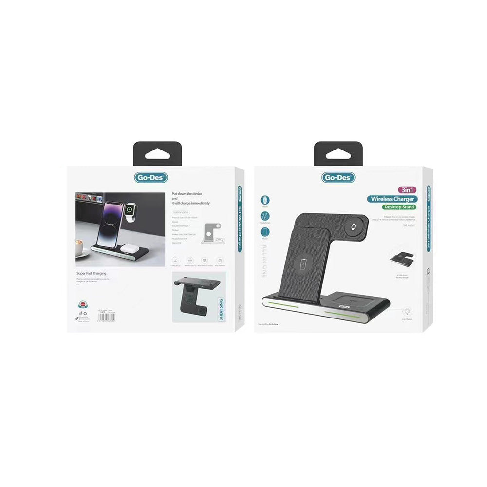 Go Des GD-WL386 3 in 1 Magsafe 15W Hızlı Şarj Özellikli Magnetik Kablosuz Şarj Standı Siyah