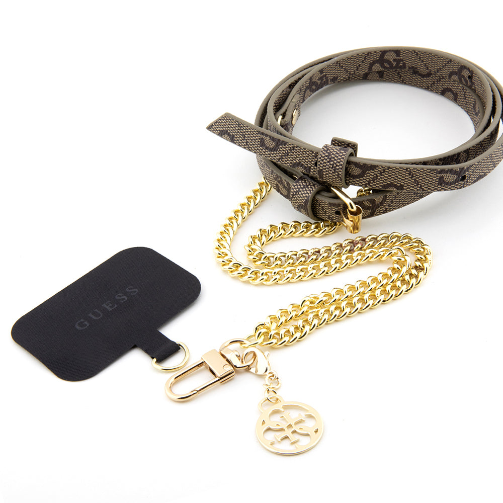 Guess Orjinal Lisanslı 4G Desenli Zincirli 4G Metal Logolu Çapraz Vücut PU Telefon Askı Kayışı Siyah