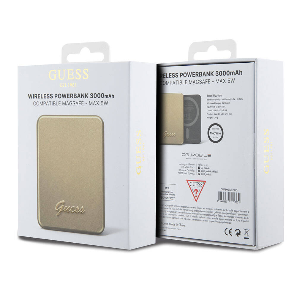 Guess Orjinal Lisanslı Magsafe Şarj Özellikli Metal Yazı Logolu Powerbank 3000mAh 5W Gold