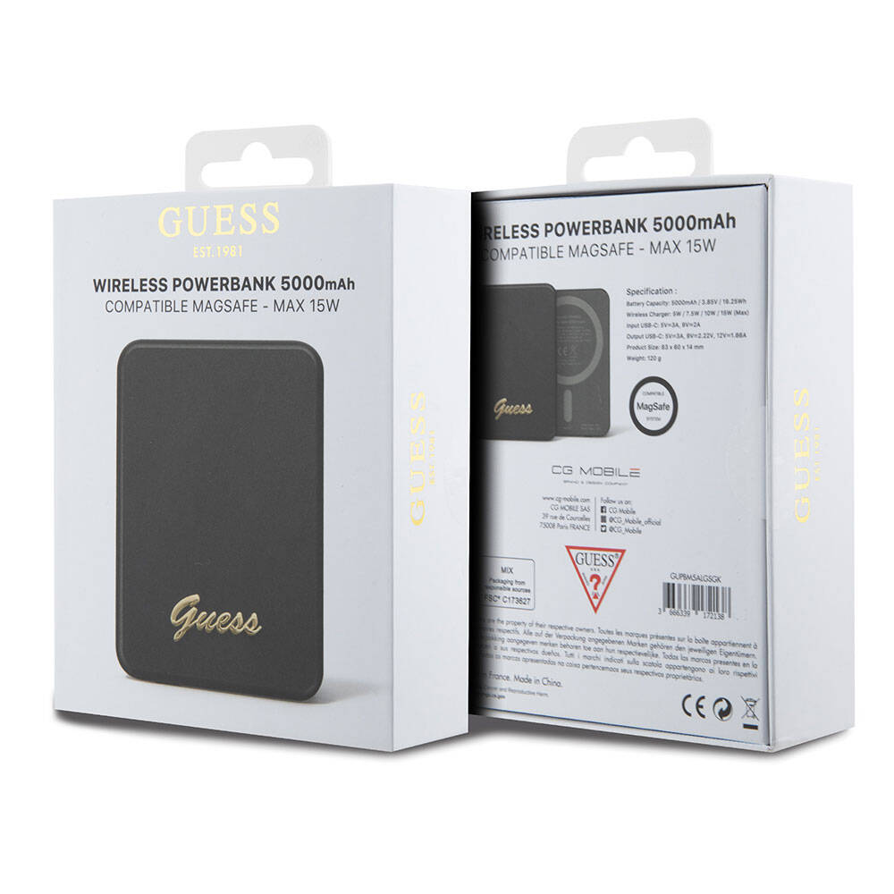 Guess Orjinal Lisanslı Magsafe Şarj Özellikli Metal Yazı Logolu Powerbank 5000mAh 15W Siyah