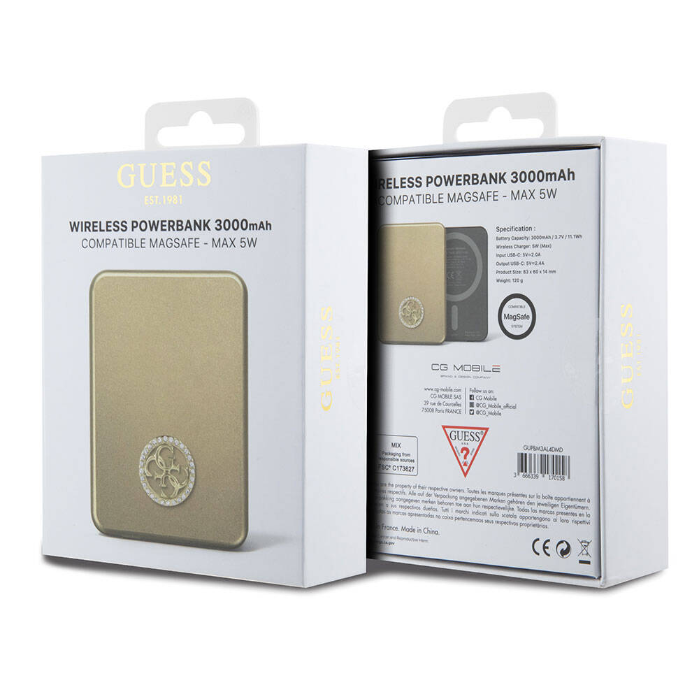 Guess Orjinal Lisanslı Magsafe Şarj Özellikli Taşlı 4G Logolu Powerbank 3000mAh 5W Gold