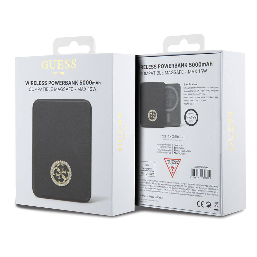 Guess Orjinal Lisanslı Magsafe Şarj Özellikli Taşlı 4G Logolu Powerbank 5000mAh 15W Gold