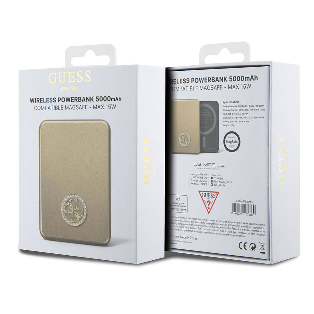 Guess Orjinal Lisanslı Magsafe Şarj Özellikli Taşlı 4G Logolu Powerbank 5000mAh 15W Gold