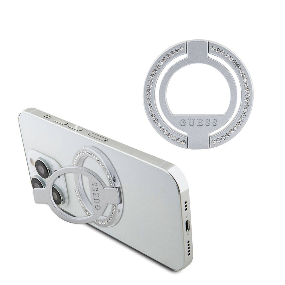 Guess Orjinal Lisanslı Magsafe Şarj Özellikli Yazı Logolu Taşlı Yüzüklü Magnetik Stand Gümüş