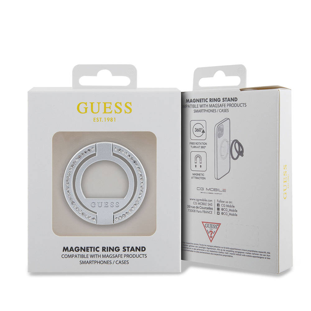 Guess Orjinal Lisanslı Magsafe Şarj Özellikli Yazı Logolu Taşlı Yüzüklü Magnetik Stand Gümüş