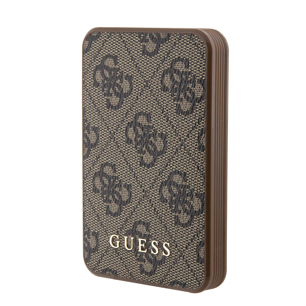 Guess Orjinal Lisanslı PU Deri 4G Desenli Metal Yazı Logolu Powerbank 5000mAh Kahverengi