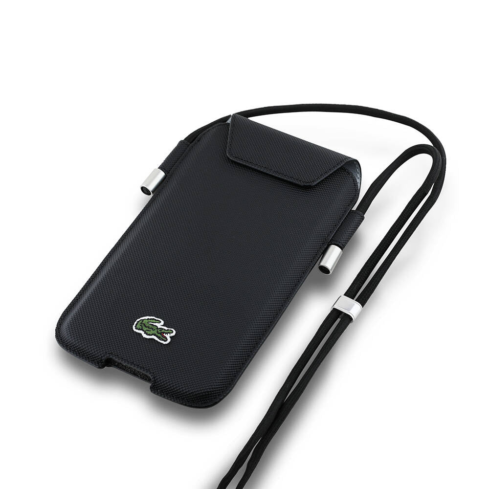 Lacoste Orjinal Lisanslı Çapraz Vücut Askılı PU Pike Desenli 6.7 inç'e Kadar Universal Kılıf Lacivert
