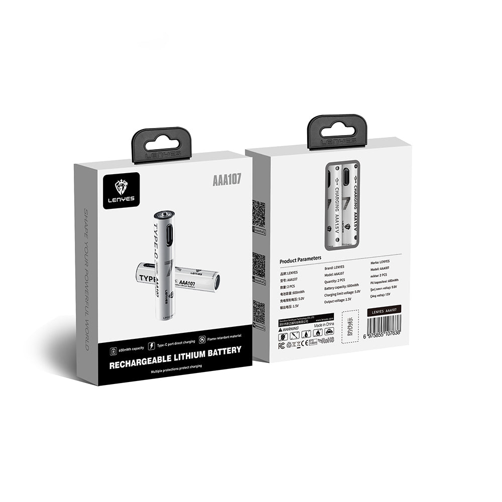Lenyes AAA107 Type-C Şarj Portlu Şarj Edilebilir AAA Lityum-ion Pil 600mWh 1.5V 2 Adet Beyaz