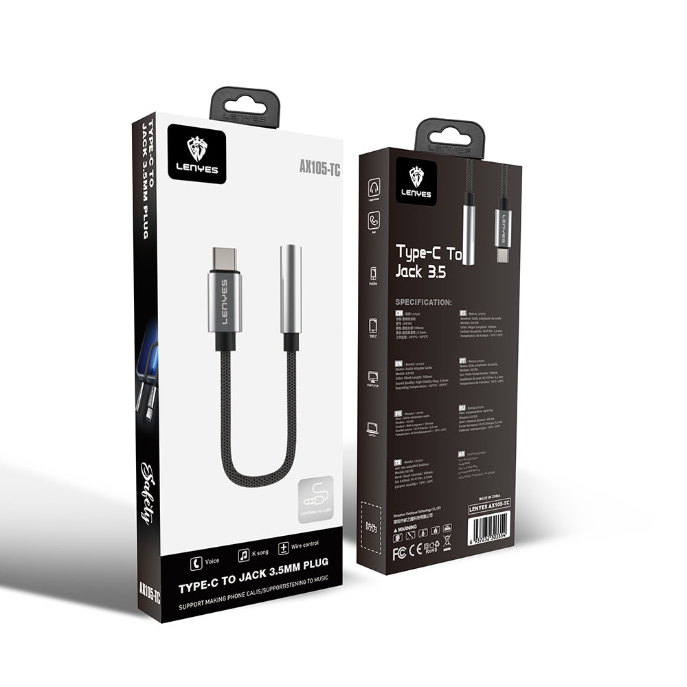 Lenyes AX105 Type-C to 3.5mm Aux Çevirici Örgülü Ses Adaptörü Gümüş
