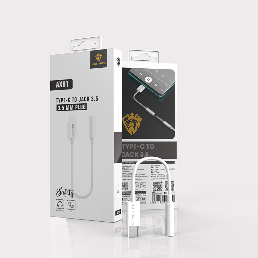 Lenyes AX91 Type-C to 3.5mm Hi-Fi Aux Çevirici Ses Adaptörü Beyaz