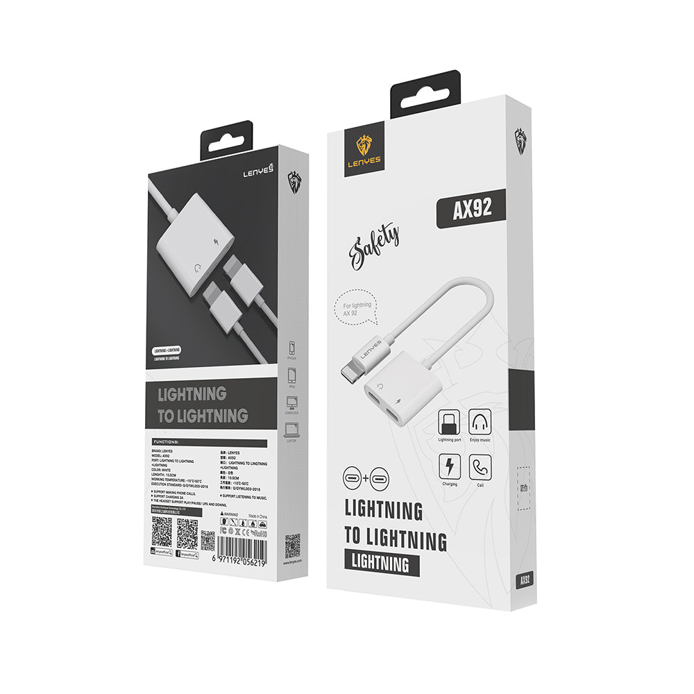 Lenyes AX92 Lightning to Lightning 2in1 Şarj ve Kulaklık Dönüştürücü Adaptör Beyaz