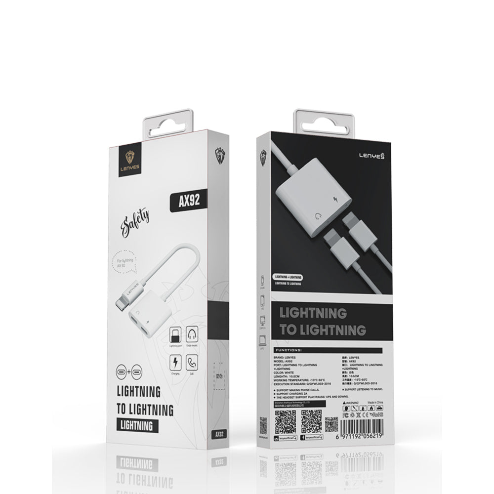 Lenyes AX92 Lightning to Lightning 2in1 Şarj ve Kulaklık Dönüştürücü Adaptör Beyaz