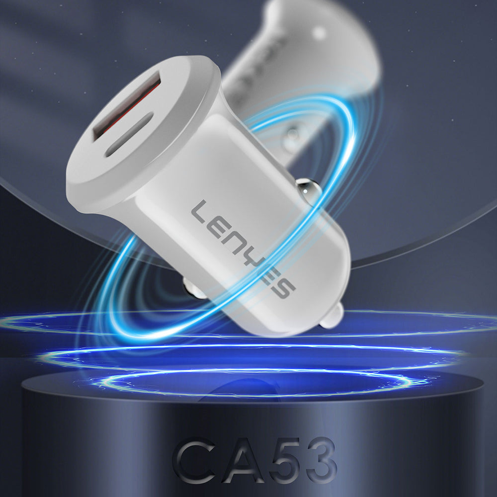 Lenyes CA53 Hızlı Şarj Özellikli Dual Type-C + USB-A Portlu Mini Araç Şarj Aleti 30W Beyaz