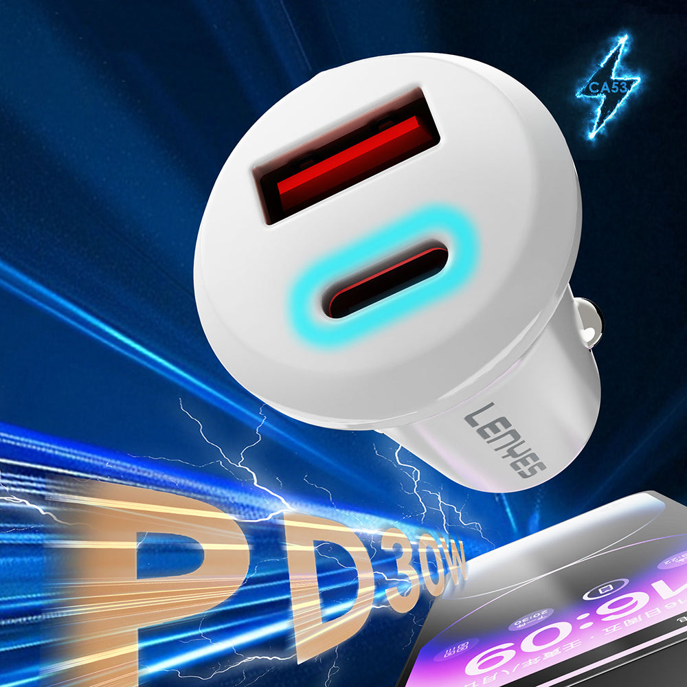 Lenyes CA53 Hızlı Şarj Özellikli Dual Type-C + USB-A Portlu Mini Araç Şarj Aleti 30W Beyaz