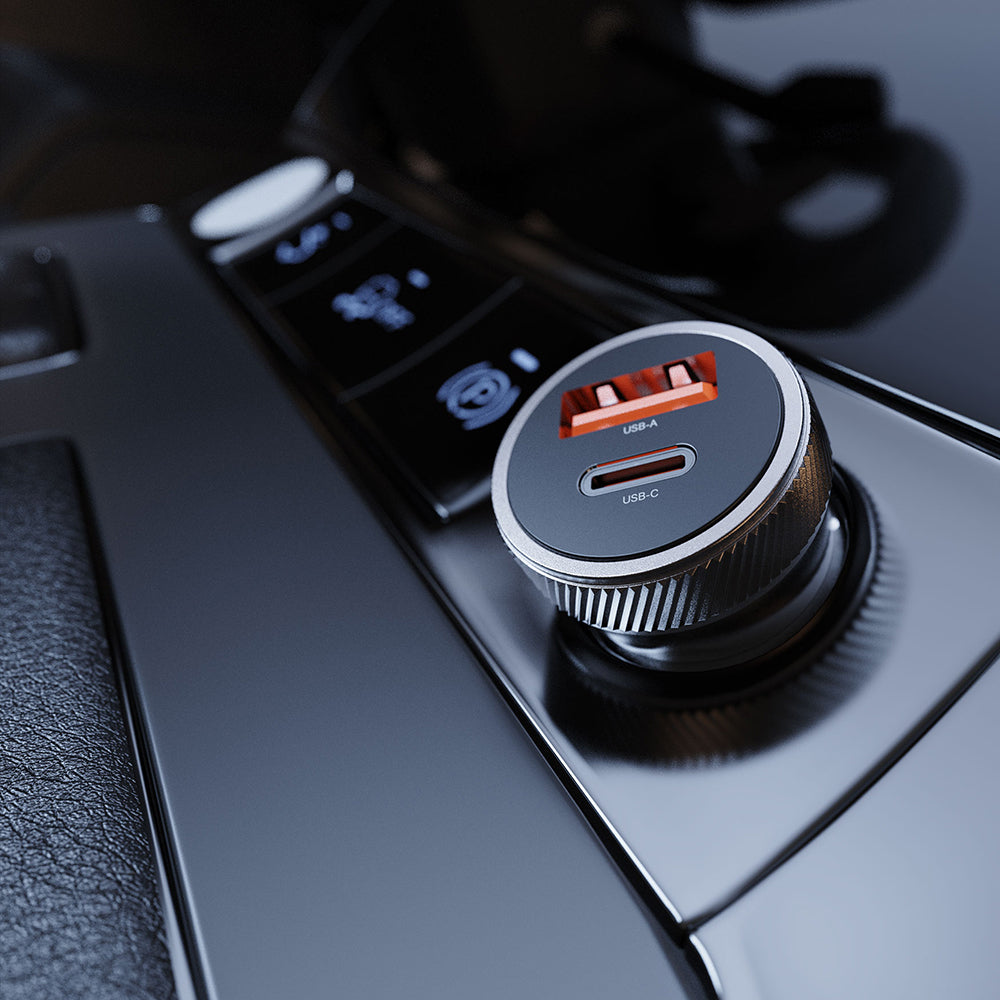 Lenyes CA57 Hızlı Şarj Özellikli Dual Type-C + USB-A Portlu Mini Araç Şarj Aleti 30W Kahverengi