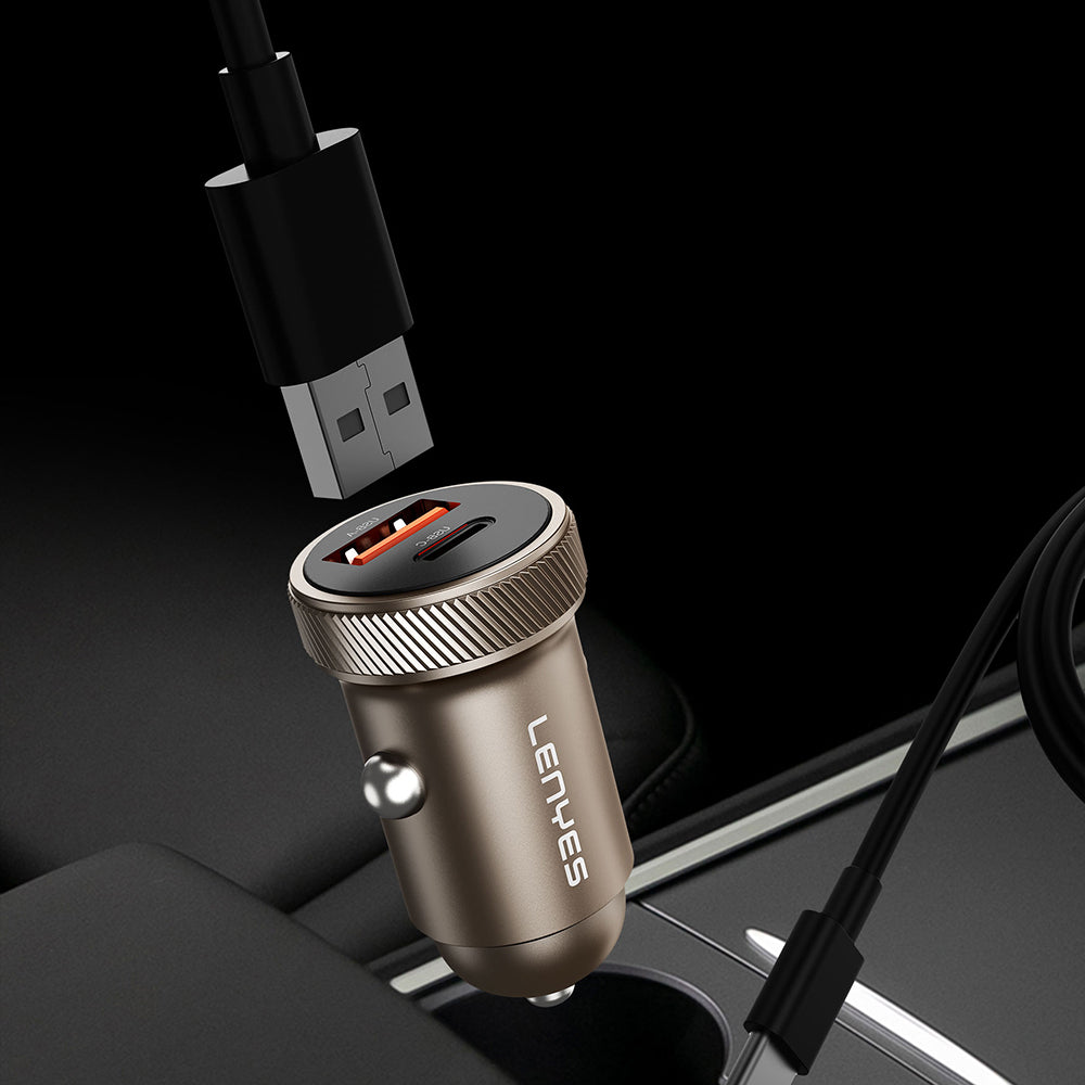 Lenyes CA57 Hızlı Şarj Özellikli Dual Type-C + USB-A Portlu Mini Araç Şarj Aleti 30W Kahverengi