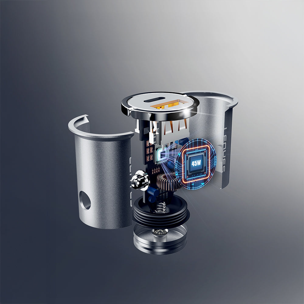 Lenyes CA60 Hızlı Şarj Özellikli Dual Type-C + USB-A Portlu Mini Araç Şarj Aleti PD 45W Gümüş