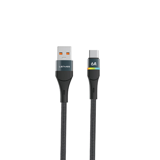 Lenyes LC520 USB-A to Type-C 6A Örgü Tasarımlı Hızlı Şarj Özellikli Data ve Şarj Kablosu 66W 1M Siyah