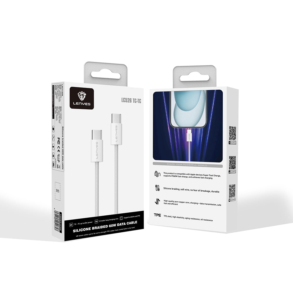 Lenyes LC526 Type-C to Type-C Akıllı Çip Koruma Özellikli Data ve Şarj Kablosu 60W 1.2M Beyaz