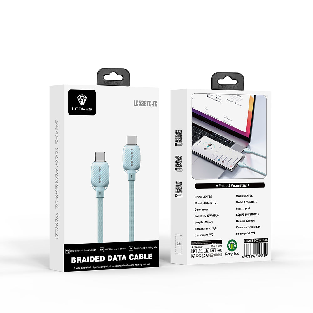 Lenyes LC536 Type-C to Type-C PD Örgü Tasarımlı Hızlı Şarj Özellikli Data ve Şarj Kablosu 60W 1M Yeşil
