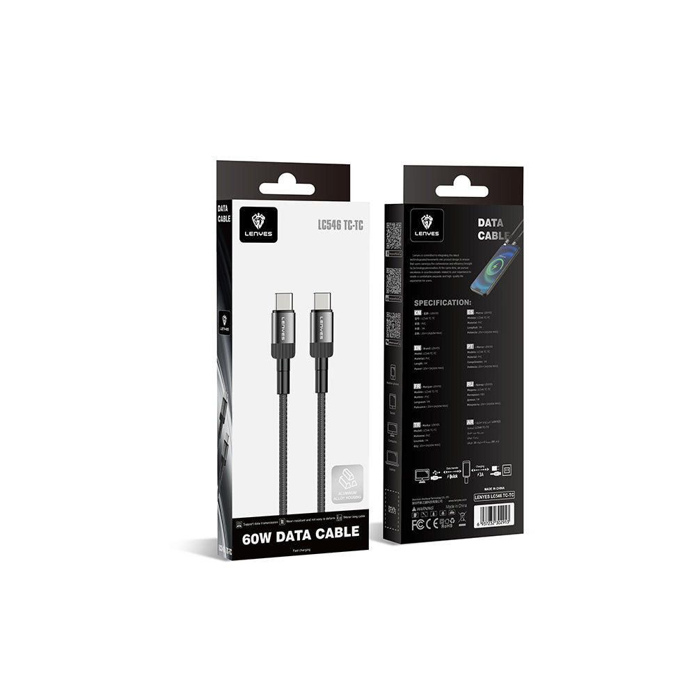 Lenyes LC546 Type-C to Type-C Örgü Tasarımlı Hızlı Şarj Özellikli Data ve Şarj Kablosu 60W 1M Siyah