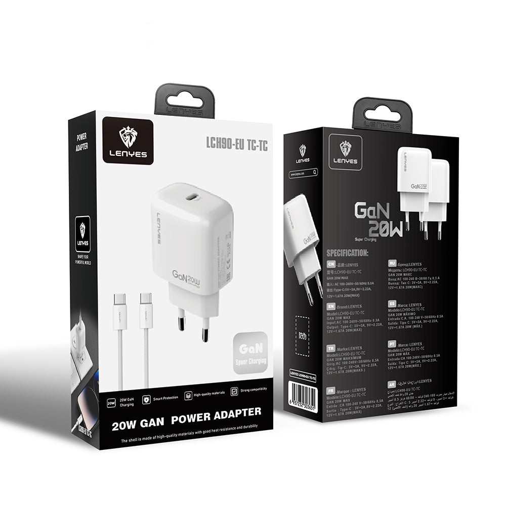 Lenyes LCH90-TC-TC Type-C to Type-C GaN Teknolojili PD Hızlı Şarj Özellikli Şarj Seti 20W Beyaz