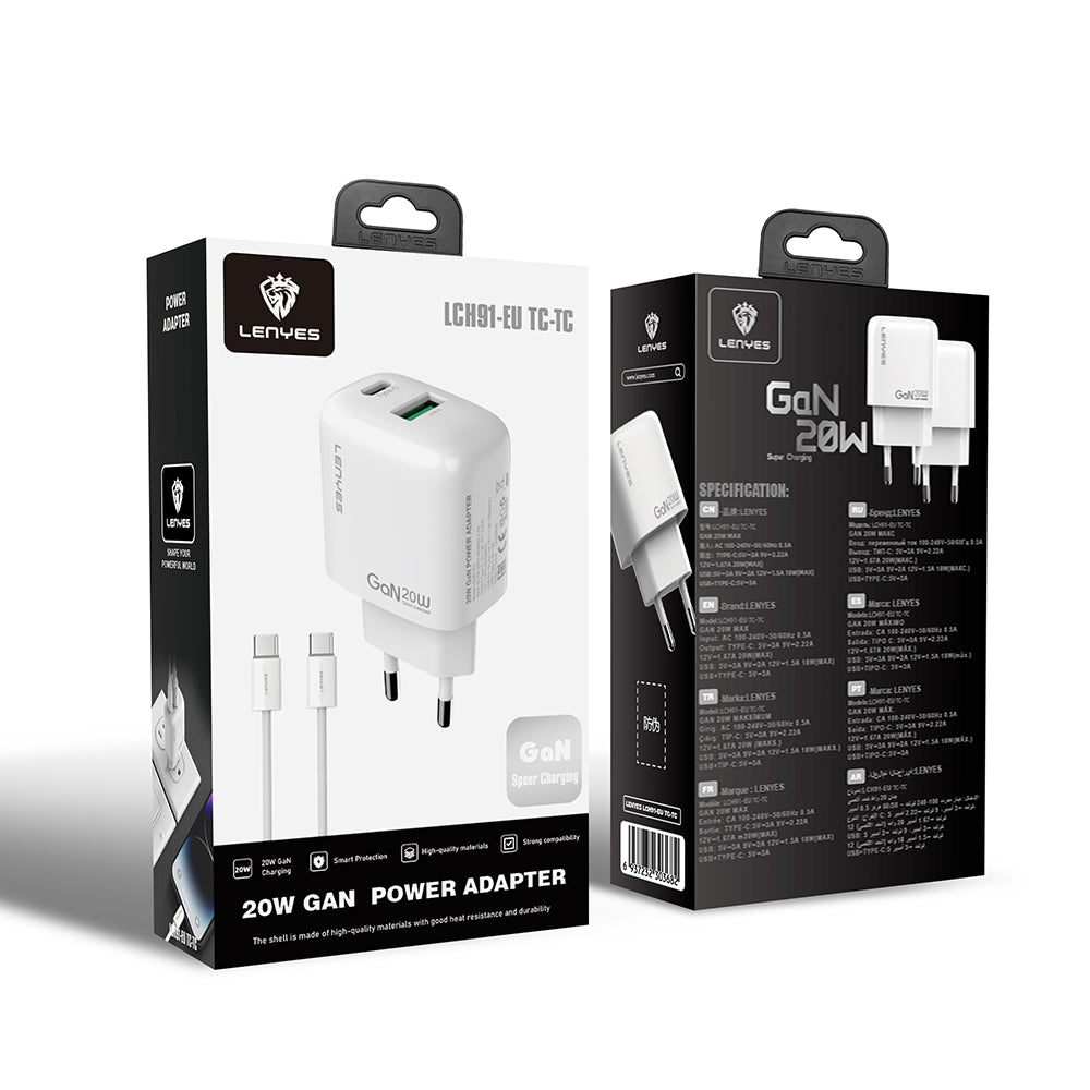 Lenyes LCH91-TC-TC Type-C to Type-C GaN Teknolojili PD ve USB Hızlı Şarj Özellikli Şarj Seti 20W Beyaz