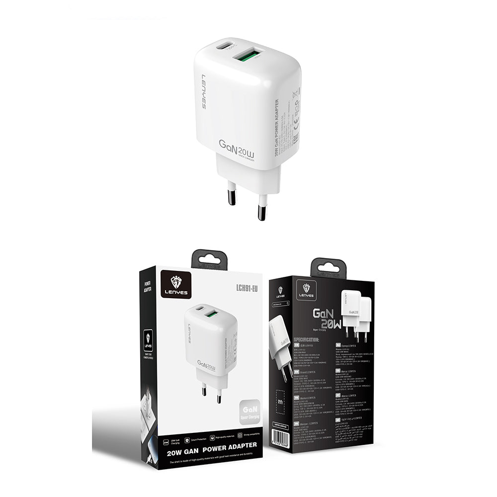 Lenyes LCH91 Type-C ve USB GaN Teknolojili PD Hızlı Şarj Özellikli Şarj Başlığı 20W Beyaz
