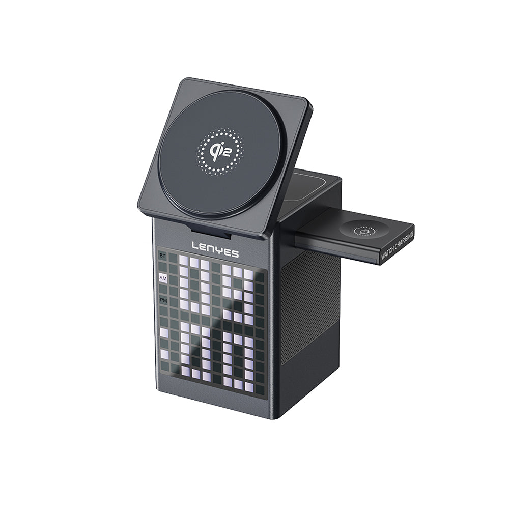 Lenyes PW320 Qi2 Şarj Teknolojili Alarmlı Bluetooth Speaker Özellikli Telefon&Akıllı Saat&Kulaklık 15W 6in1 Kablosuz Şarj Standı Gri