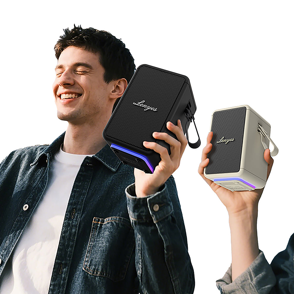 Lenyes S874 Su Geçirmez Özellikli RGB Işıklı Askılı Taşınabilir TWS Bluetooth Hoparlör v5.3 Bej