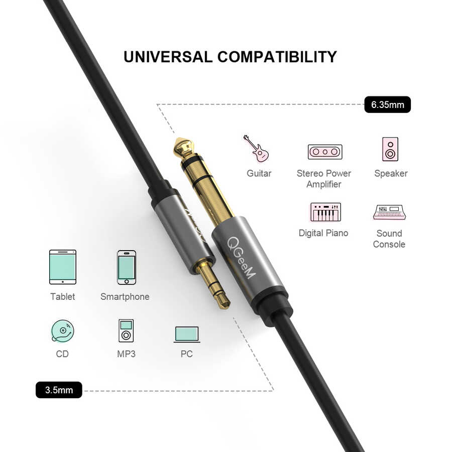 Qgeem QG-AU02 3.5mm To 6.35mm Aux Audio Kablo 3M Siyah