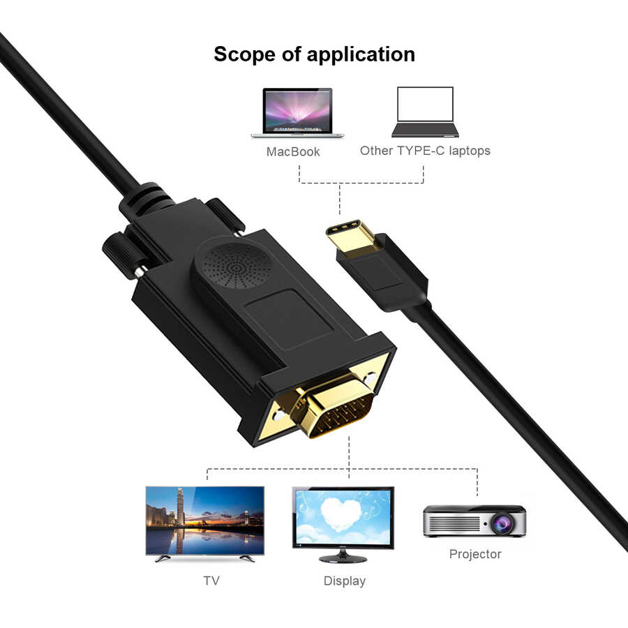 Qgeem QG-UA17 Type-C to VGA Adaptörü Yüksek Çözünürlüklü Dönüştürücü Kablo 1080p 60Hz 3 metre Siyah