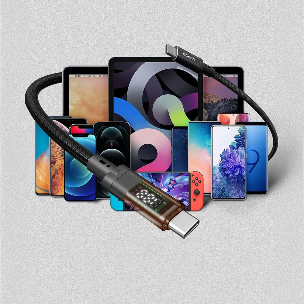 Qgeem QG04 Dijital LED Göstergeli Type-C to Type-C PD 40G 8K@60Hz Data Kablosu 240W 1M Siyah