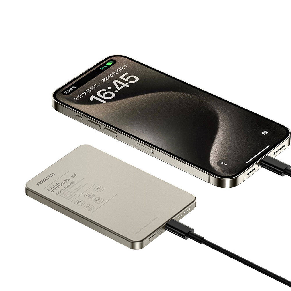 Recci RP25 PD 20W Ultra İnce Hızlı Şarj Özellikli Wireless Powerbank 15W 5000mAh Gold